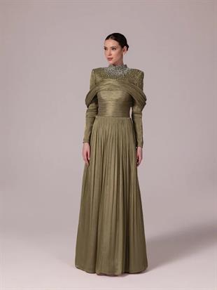 KENZEL Yakası Taş İşlemeli Pliseli Kabarık Tesettür Abiye Elbise