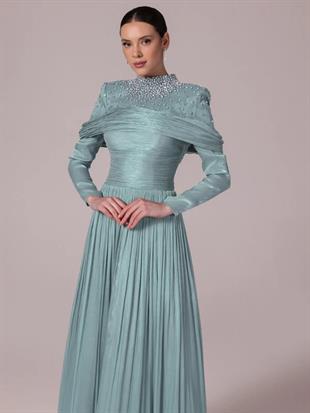 KENZEL Yakası Taş İşlemeli Pliseli Kabarık Tesettür Abiye Elbise