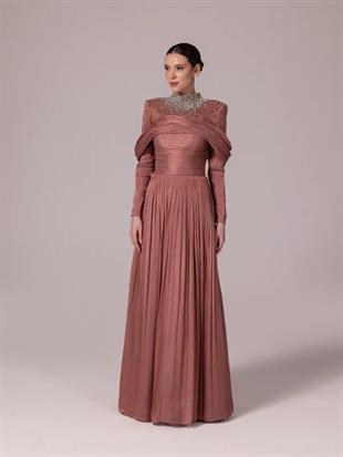 KENZEL Yakası Taş İşlemeli Pliseli Kabarık Tesettür Abiye Elbise