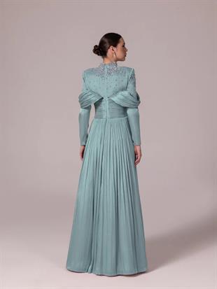 KENZEL Yakası Taş İşlemeli Pliseli Kabarık Tesettür Abiye Elbise