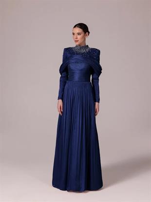 KENZEL Yakası Taş İşlemeli Pliseli Kabarık Tesettür Abiye Elbise