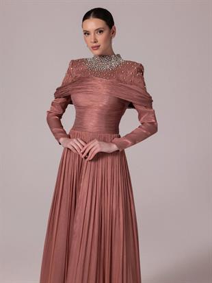 KENZEL Yakası Taş İşlemeli Pliseli Kabarık Tesettür Abiye Elbise