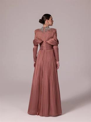 KENZEL Yakası Taş İşlemeli Pliseli Kabarık Tesettür Abiye Elbise