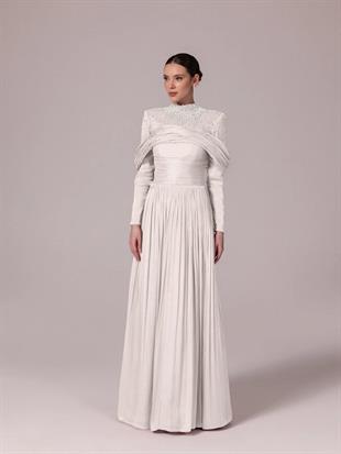 KENZEL Yakası Taş İşlemeli Pliseli Kabarık Tesettür Abiye Elbise