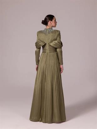 KENZEL Yakası Taş İşlemeli Pliseli Kabarık Tesettür Abiye Elbise