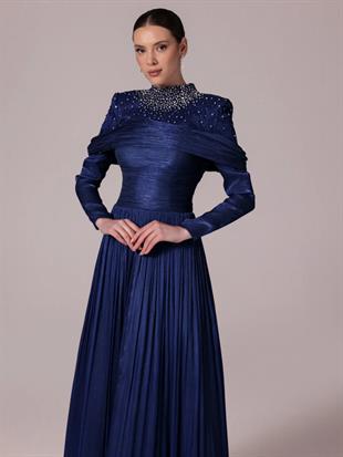 KENZEL Yakası Taş İşlemeli Pliseli Kabarık Tesettür Abiye Elbise