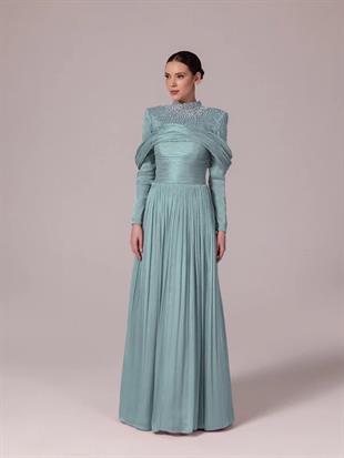 KENZEL Yakası Taş İşlemeli Pliseli Kabarık Tesettür Abiye Elbise