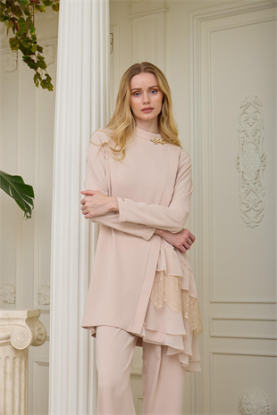 Merwe by moodbasic DANTELLİ ŞİFON FIRFIRLI KREP TAKIM