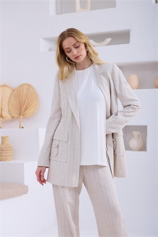 Merwe by moodbasic KETEN ÇİZGİLİ BLAZER CEKETLİ TAKIM