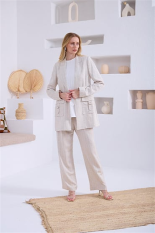 Merwe by moodbasic KETEN ÇİZGİLİ BLAZER CEKETLİ TAKIM