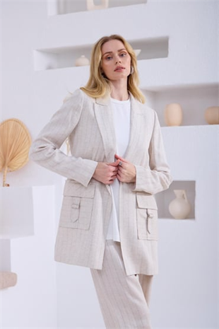 Merwe by moodbasic KETEN ÇİZGİLİ BLAZER CEKETLİ TAKIM