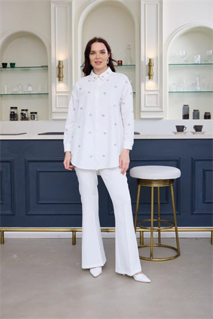 Merwe by moodbasic TAŞLI İNCİLİ PAMUK SATEN GÖMLEK