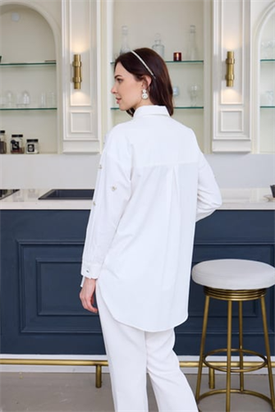 Merwe by moodbasic TAŞLI İNCİLİ PAMUK SATEN GÖMLEK