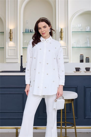 Merwe by moodbasic TAŞLI İNCİLİ PAMUK SATEN GÖMLEK