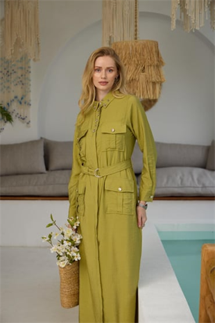 Merwe by moodbasic YAKASI İŞLEMELİ CEPLİ CUPRA ELBİSE