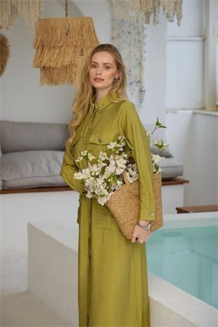 Merwe by moodbasic YAKASI İŞLEMELİ CEPLİ CUPRA ELBİSE