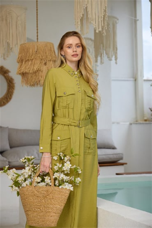 Merwe by moodbasic YAKASI İŞLEMELİ CEPLİ CUPRA ELBİSE