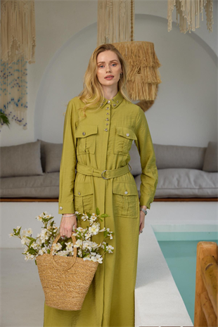 Merwe by moodbasic YAKASI İŞLEMELİ CEPLİ CUPRA ELBİSE