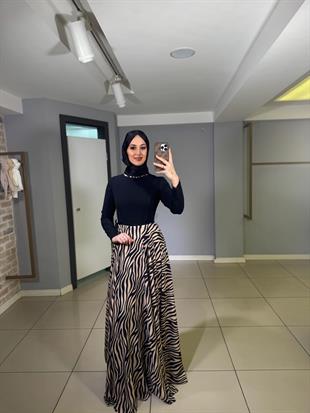 MİARUJ ETEĞİ ZABRA DESENLİ ABİYE ELBİSE