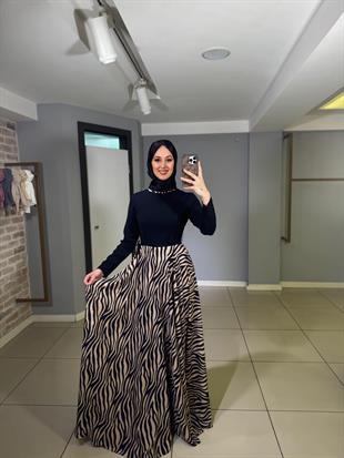 MİARUJ ETEĞİ ZABRA DESENLİ ABİYE ELBİSE
