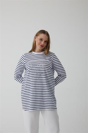 MOODBASIC ÇİZGİLİ TAŞ BASKILI PAMUKLU TUNİK
