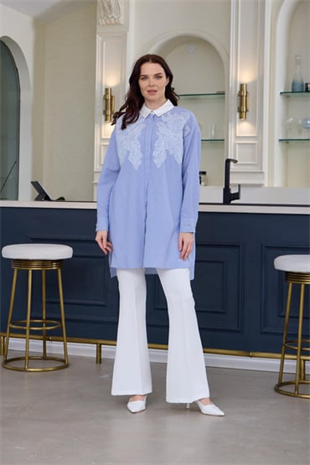 MOODBASIC DANTEL DETAYLI ÇİZGİLİ GÖMLEK