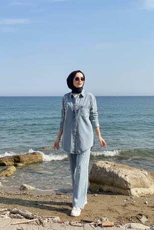 Moodbasic İncili Pantolonlu Denim Takım