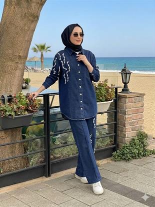 Moodbasic İncili Pantolonlu Denim Takım
