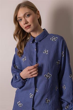 MOODBASIC NAKIŞ DETAYLI ÇİZGİLİ GÖMLEK