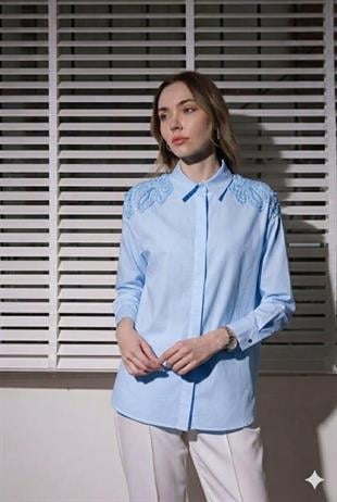 MOODBASIC OMUZLARİ KRİSTALBONCUK İŞLEMELİ GÖMLEK