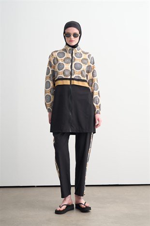MOODBASİC SWİMWEAR GOLD DESENLİ PAREOLU TESETTÜR MAYO