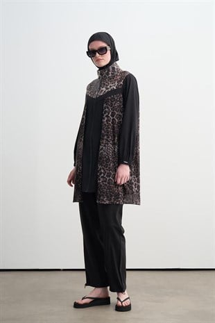 MOODBASİC SWİMWEAR LEOPAR PAYETLİ TÜLLÜ TESETTÜR MAYO