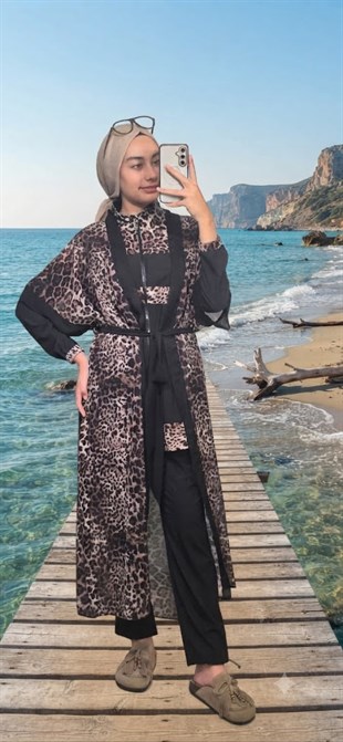 MOODBASİC SWİMWEAR LEOPARLI PAREOLU ÜÇLÜ TESETTÜR MAYO