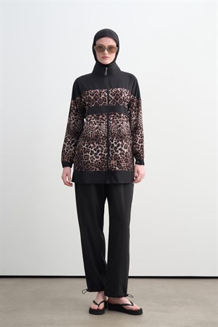 MOODBASİC SWİMWEAR LEOPARLI PAREOLU ÜÇLÜ TESETTÜR MAYO