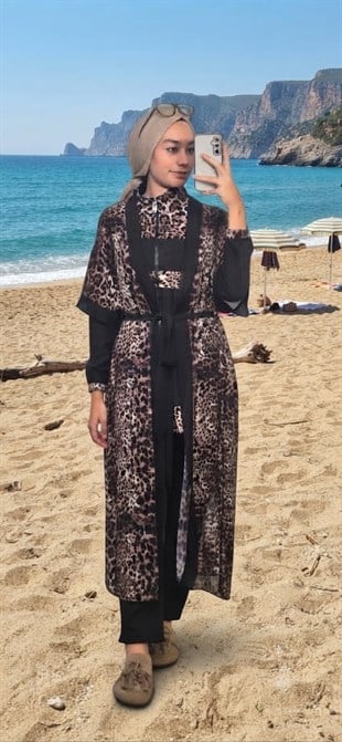 MOODBASİC SWİMWEAR LEOPARLI PAREOLU ÜÇLÜ TESETTÜR MAYO
