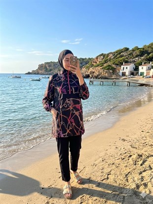 MOODBASİC SWİMWEAR PÜSKÜL ZİNCİR DESENLİ TESETTÜR MAYO