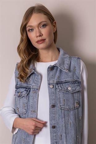 Moodbasic TAŞ DETAYLI DENİM YELEK