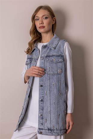 Moodbasic TAŞ DETAYLI DENİM YELEK