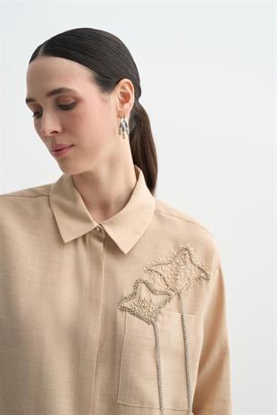 MOODBASIC TAŞ İŞLEMELİ BAMBU KETEN GÖMLEK