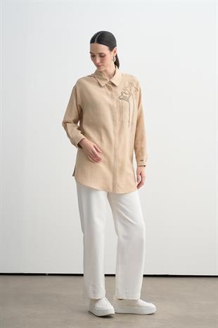 MOODBASIC TAŞ İŞLEMELİ BAMBU KETEN GÖMLEK