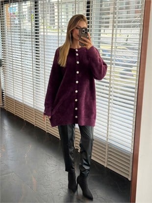 MOODBASİC Taşlı Düğmeli Angora Triko Hırka