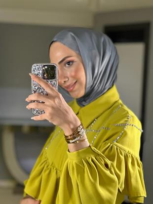 MOOR YAKASI TAŞLI FIRFIRLI KREP ELBİSE