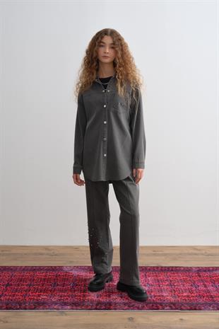 Nihan Parlak Taşlı Denim Pantolon Tunik Takım