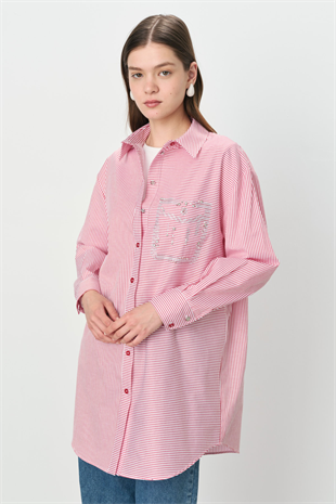 Nihan Taşlı Cep Görünümlü Çizgili Gömlek Tunik