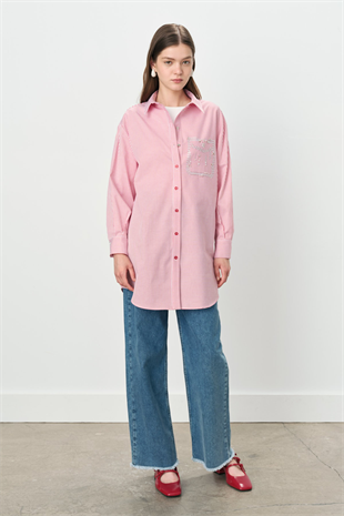 Nihan Taşlı Cep Görünümlü Çizgili Gömlek Tunik