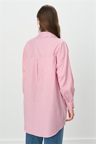 Nihan Taşlı Cep Görünümlü Çizgili Gömlek Tunik