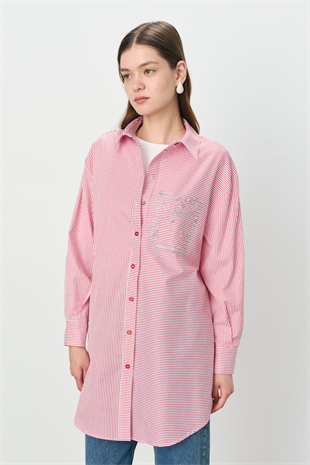 Nihan Taşlı Cep Görünümlü Çizgili Gömlek Tunik