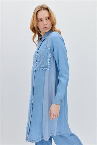 Nihan Yakası ve Cebi Nakışlı Tencel Tunik