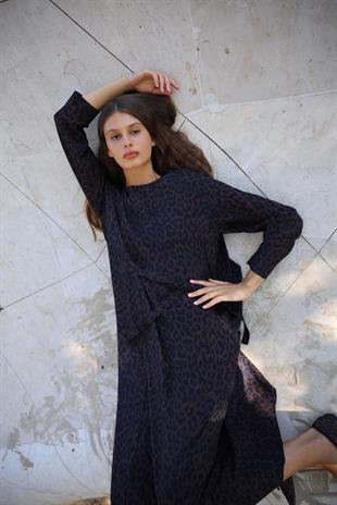 NOİ MAROKEN LEOPARLI ÖNDEN BAĞLAMALI ELBİSE