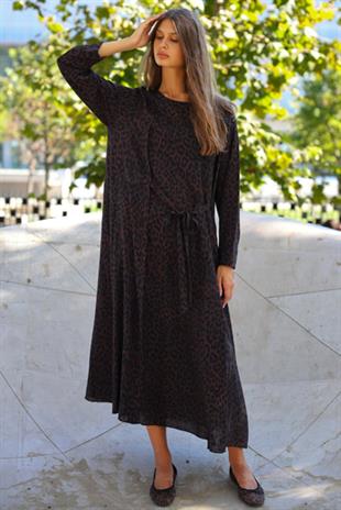 NOİ MAROKEN LEOPARLI ÖNDEN BAĞLAMALI ELBİSE